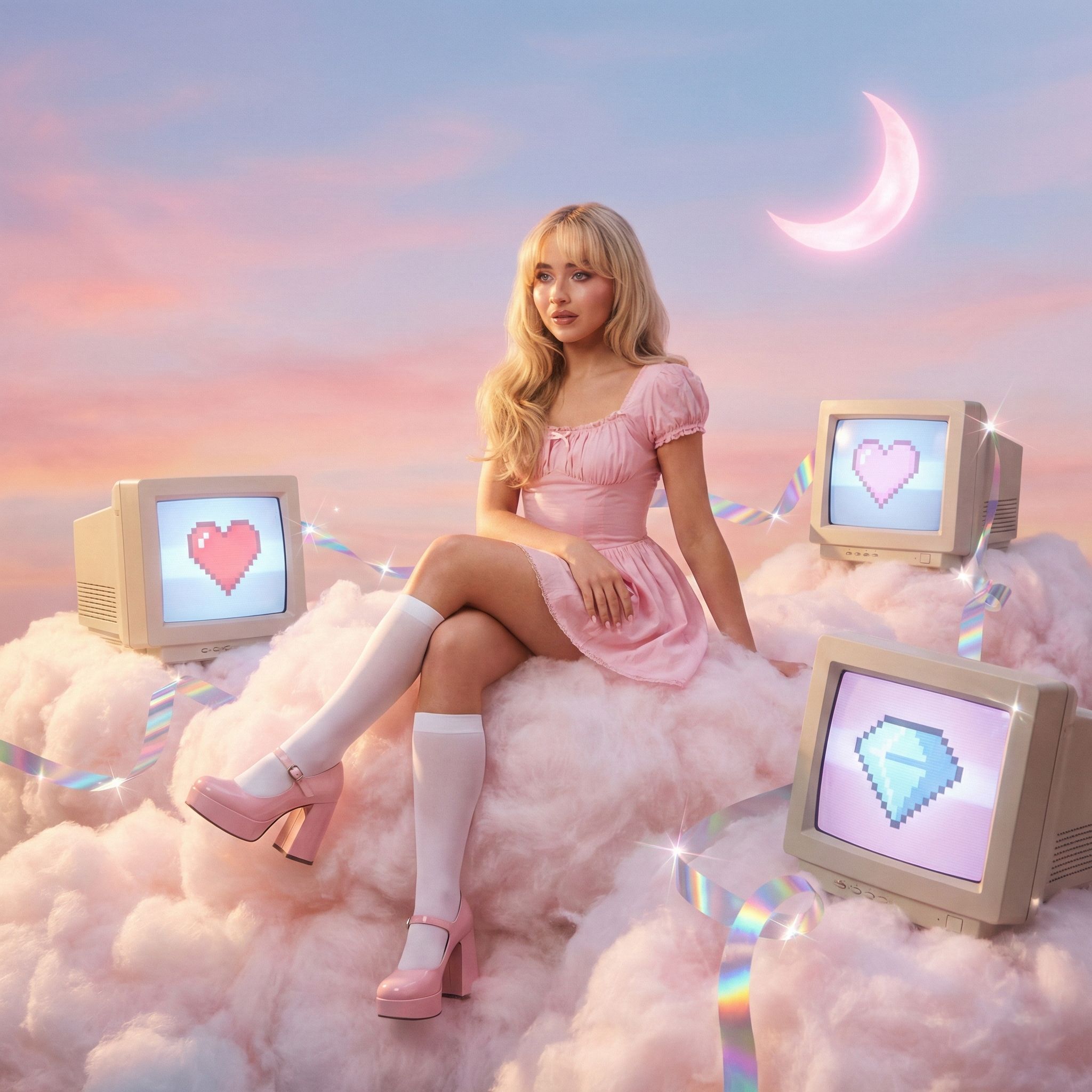 Sabrina Carpenter sitting on pink clouds surrounded by retro monitors with pixel art